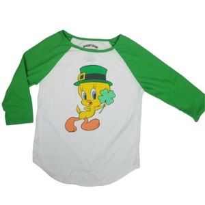 Looney Tunes Tweety Bird St Patrick's Day Junior's 3/4 slv Raglan T Shirt Small